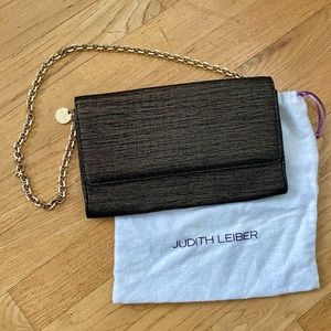Authentic Judith Leiber gold metallic/black fabric clutch, removable gold chain
